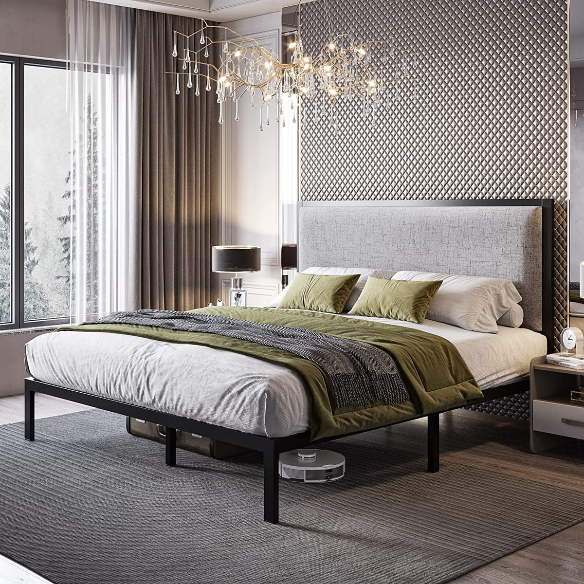 Queen Size Grey Metal Platform Bed Frame with Fabric Upholstered Headboard Z3305