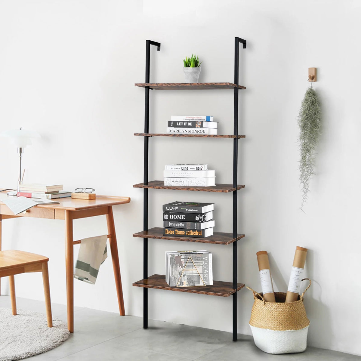 5 Tier Wall Mounted Ladder Shelf with Metal Frame and Wood Shelf Y195721