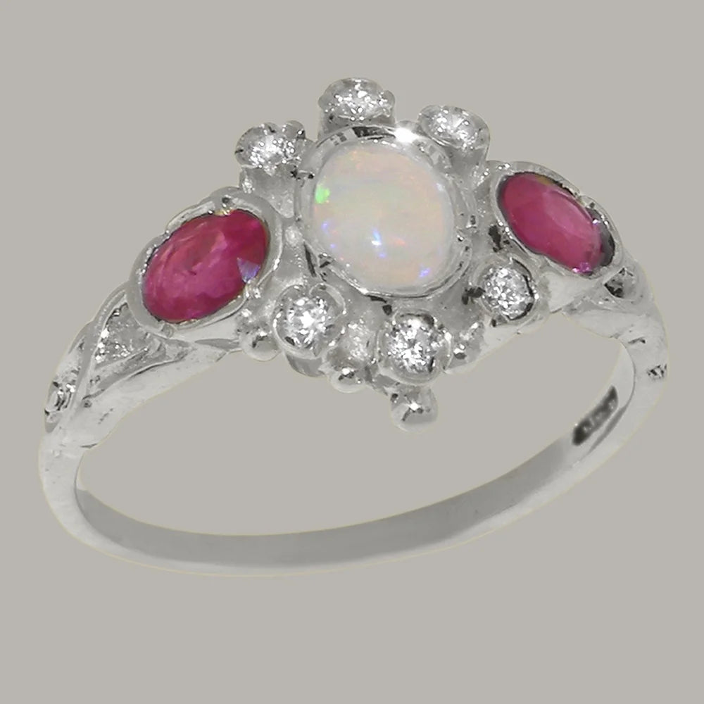9k White Gold Natural Opal Ruby Diamond Womens Ring T63639