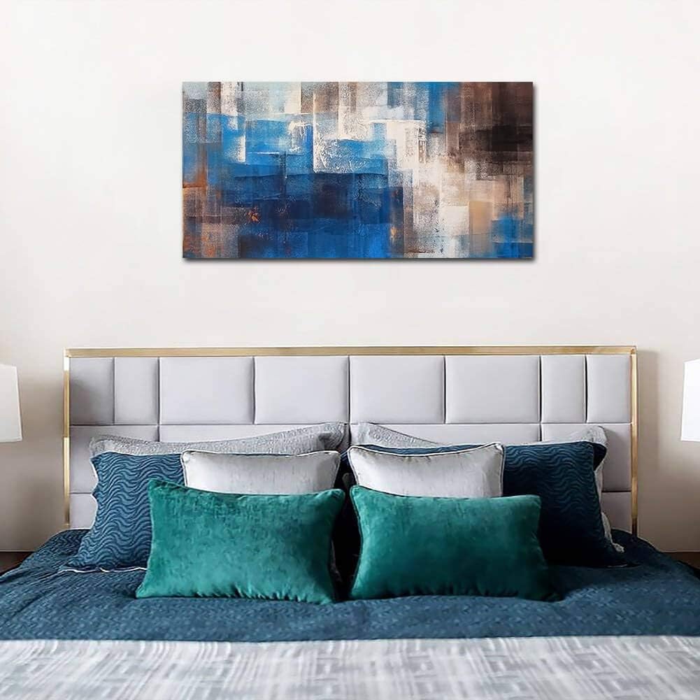 Blue Gray Brown Abstract Framed Canvas Artwork 20X40in S5859