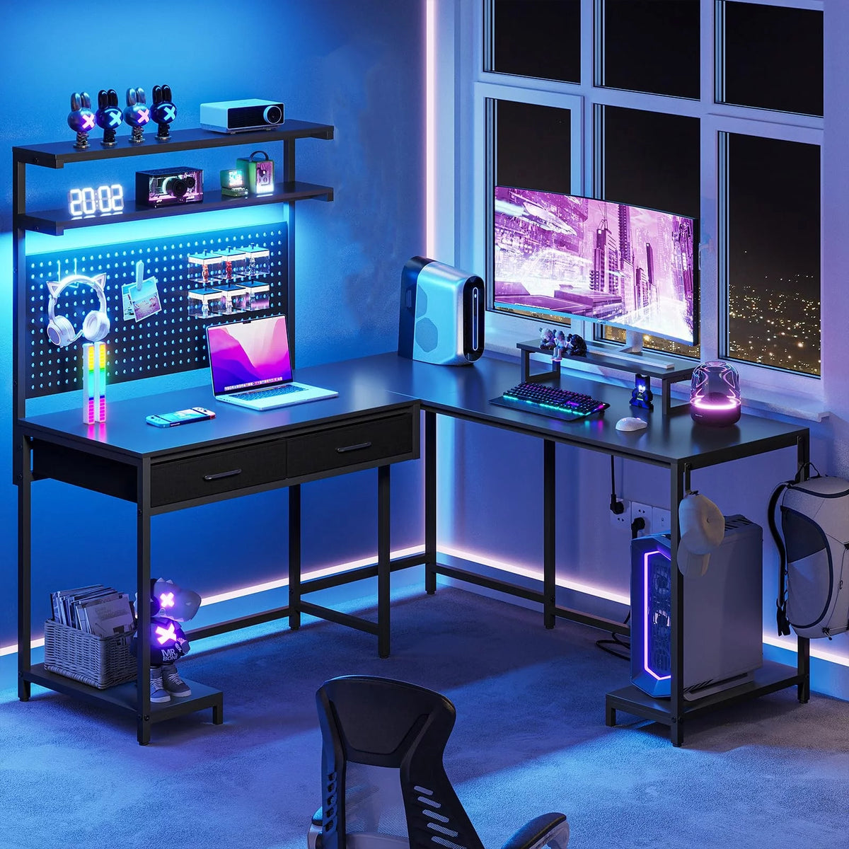 Black Reversible L-Shaped Computer Desk with Hutch and Drawers P388389