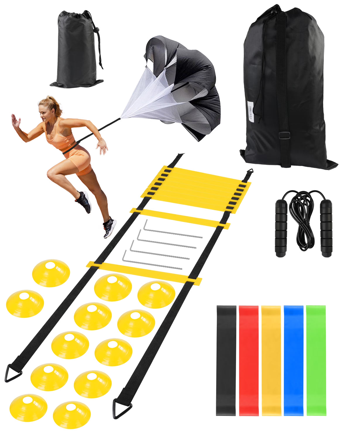 Agility Training Equipment Set with 20ft Ladder, Cones, Parachute, Bands, Jump Rope U631152