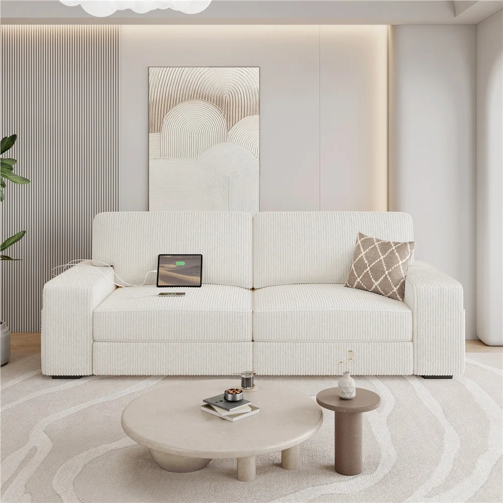 83.5'' W 2-Seater Corduroy Fabric Sofa Couch with USB Charging Ports, Ivory T301381