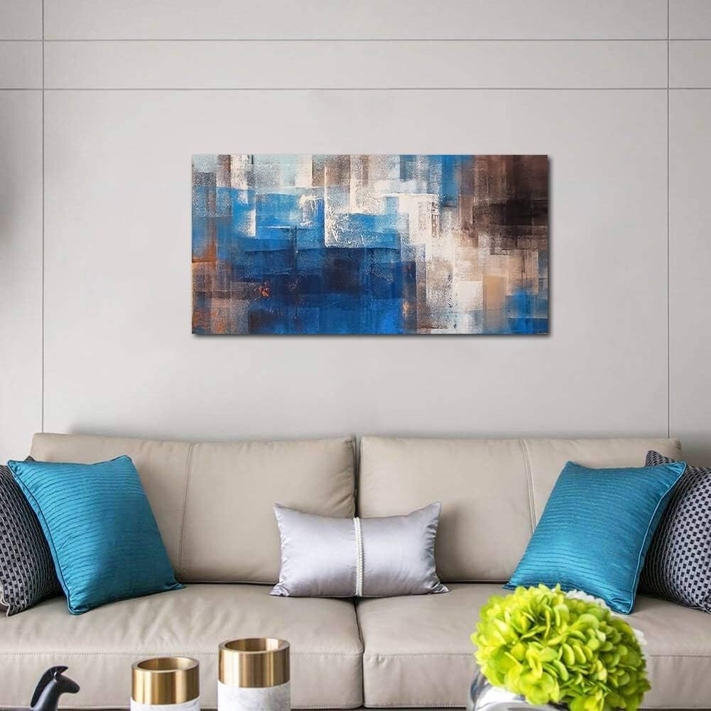 Blue Gray Brown Abstract Framed Canvas Artwork 20X40in S5859