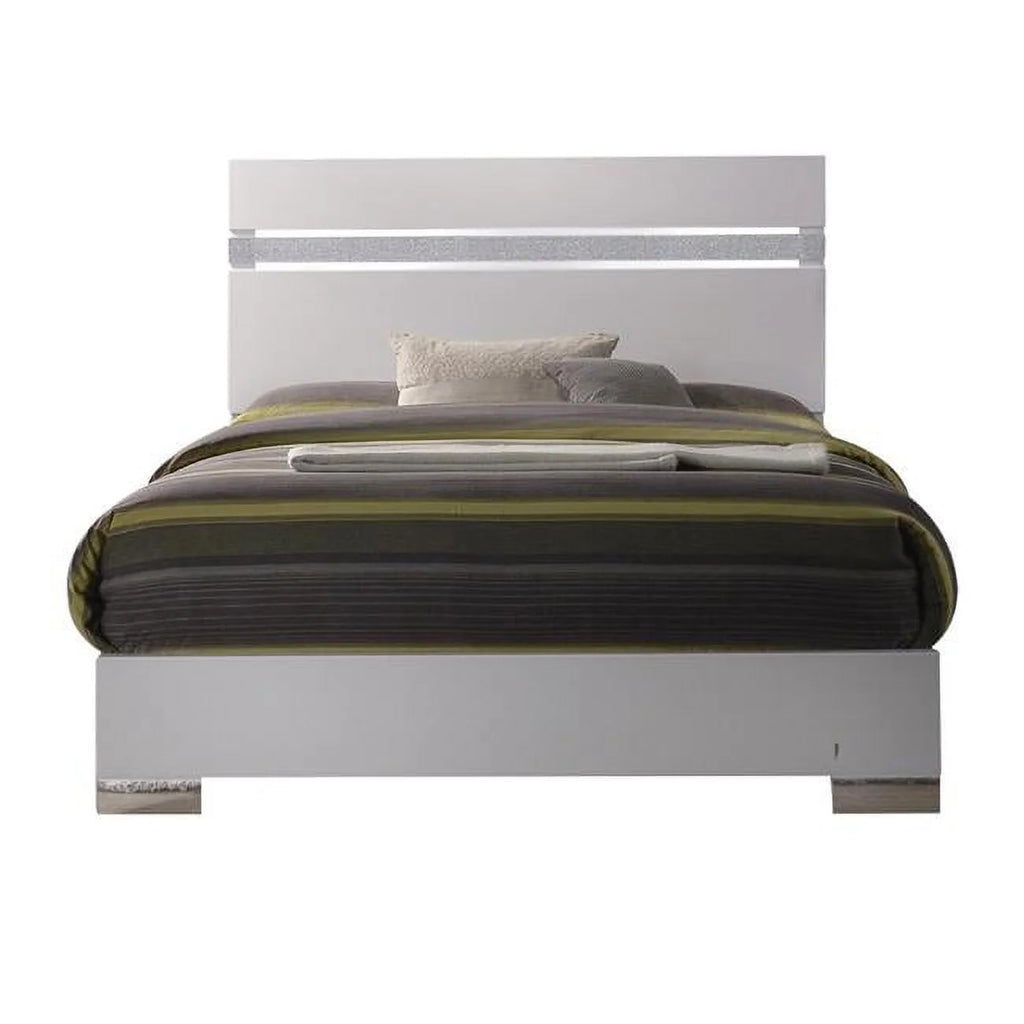 White Queen Size Wooden Bed with Crystal Accented Headboard X1335