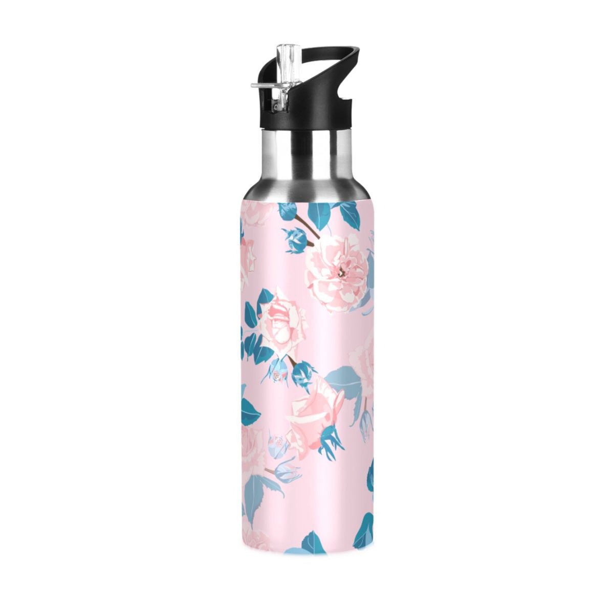 Pink Roses Flower Blue Stainless Steel Insulated Water Bottle with Straw Lid W3490