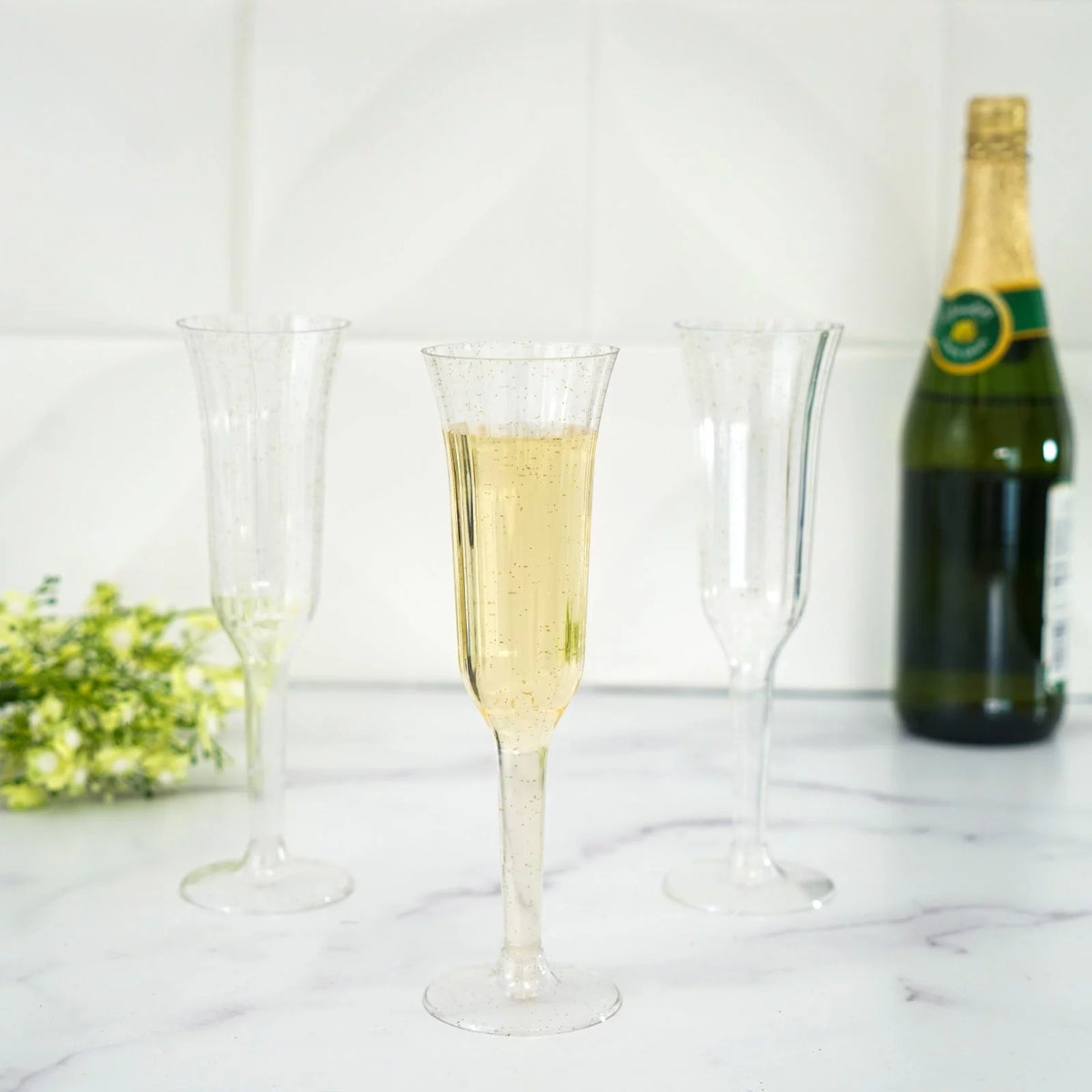 60 Pcs Gold Glitter Clear Plastic Champagne Flutes X29807