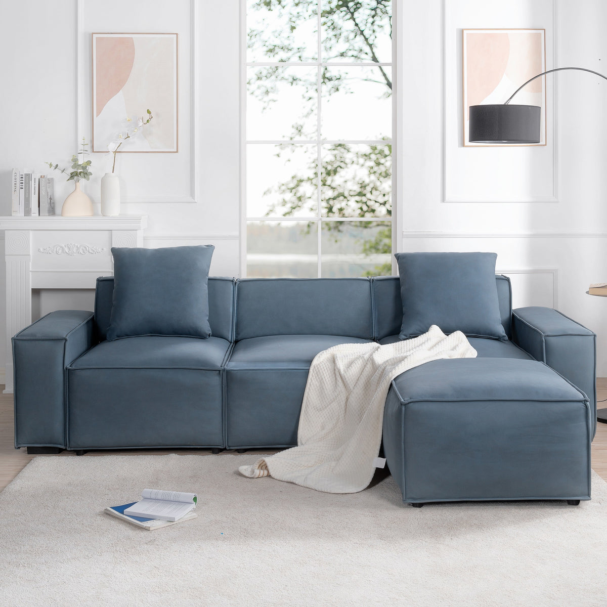 L Shaped Sofa with Removable Ottomans and 2 Pillows F1901