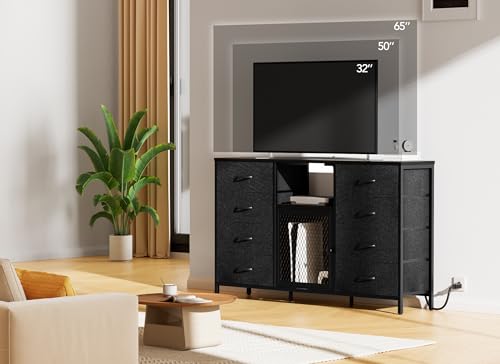 Black 8 Drawer Dresser with LED Lights and Power Outlets E5753