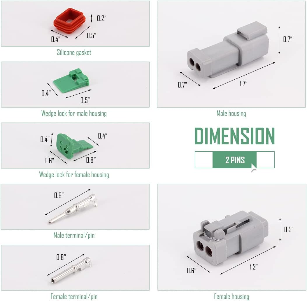2 Pin DT Connector Kit Waterproof Electrical Connectors Solid Contacts Heavy Duty 16-20 AWG 4Pcs Y871