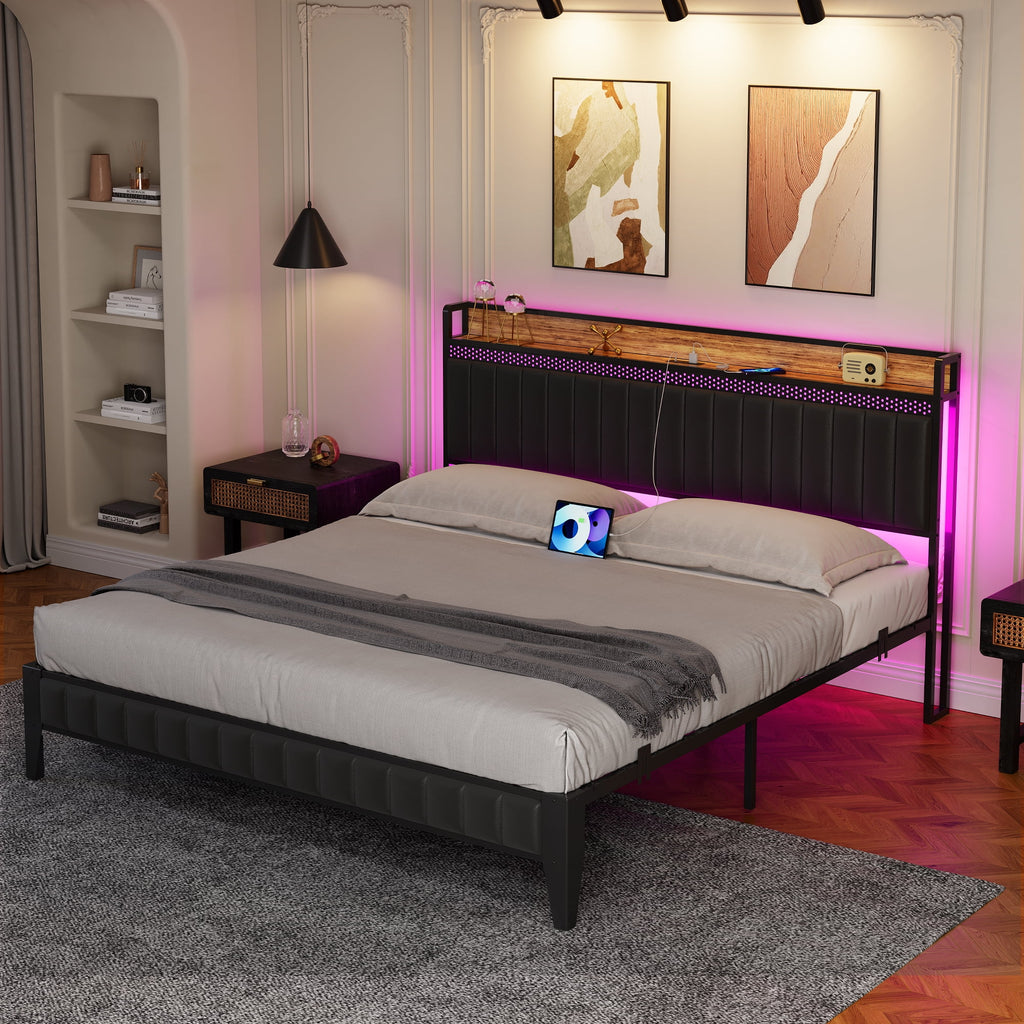 Black Upholstered Platform Bed Frame with Storage Headboard Q10629