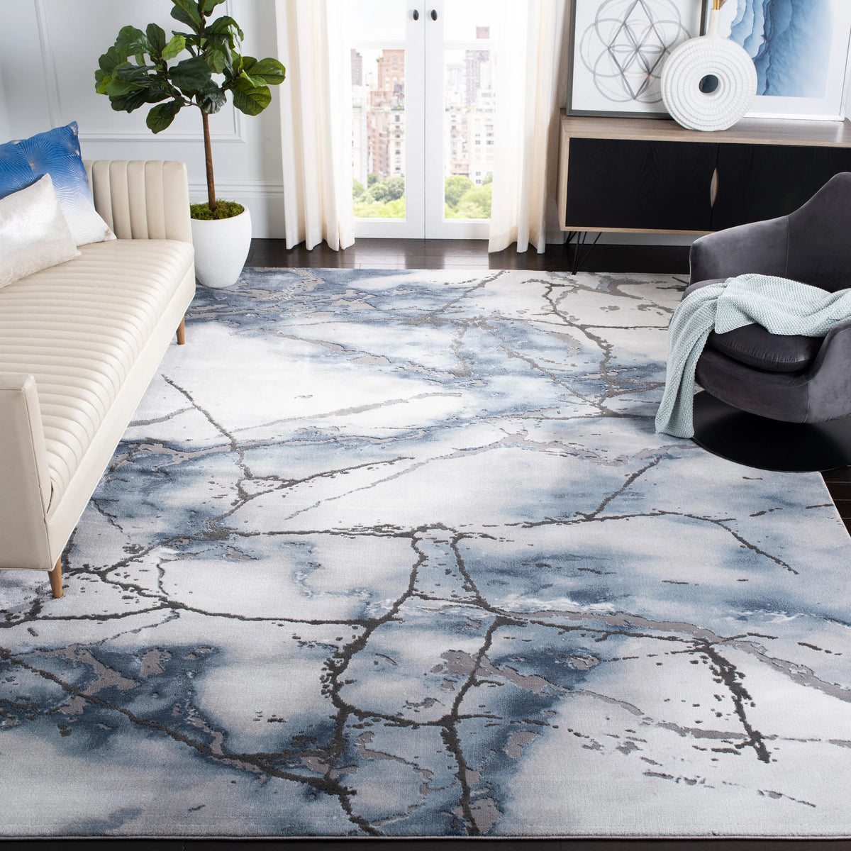 Abstract Marble Area Rug, 5'3" x 5'3" Square, Grey/Blue B3101