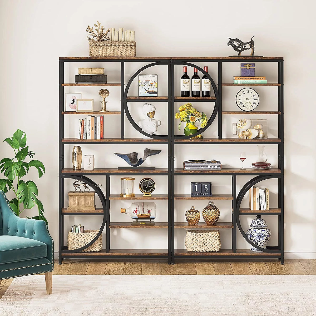 Industrial 8-Tier Wood Look Bookshelf with Metal Frame D75228