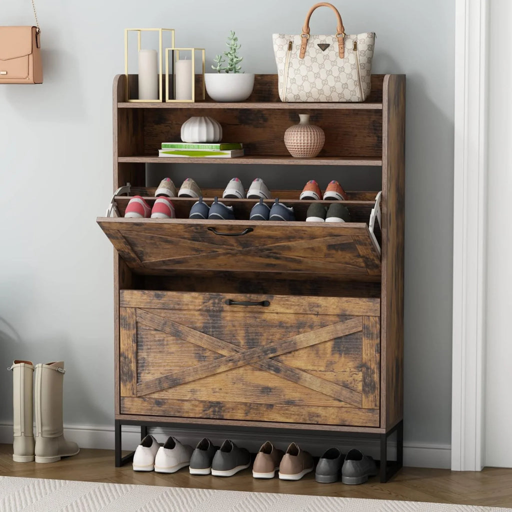 Shoe Cabinet with 2 Flip Drawers Narrow Shoe Organizer Cabinet C97548