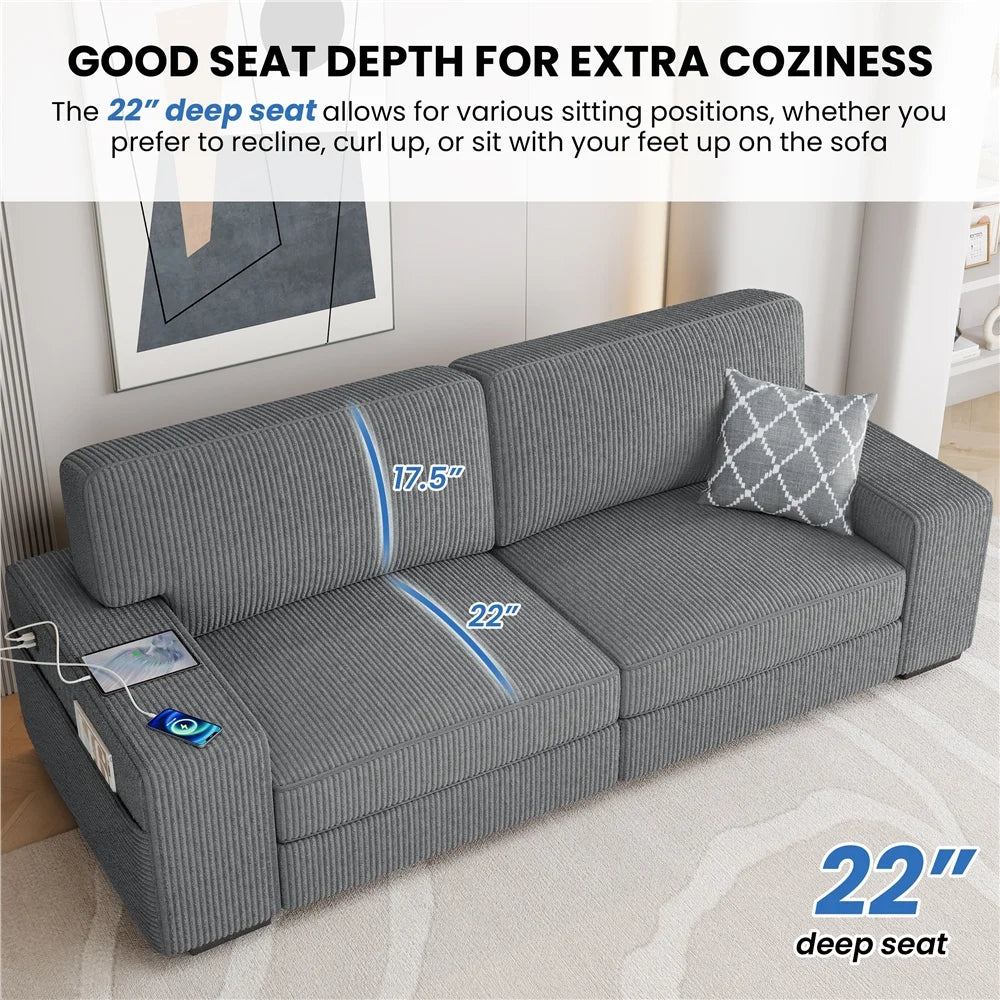 83.5'' W 2-Seater Corduroy Fabric Sofa Couch with USB Charging Ports, Ivory T301381