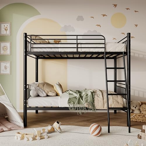 Twin Over Twin Heavy Duty Metal Bunk Bed with Ladder and Guardrail L73033