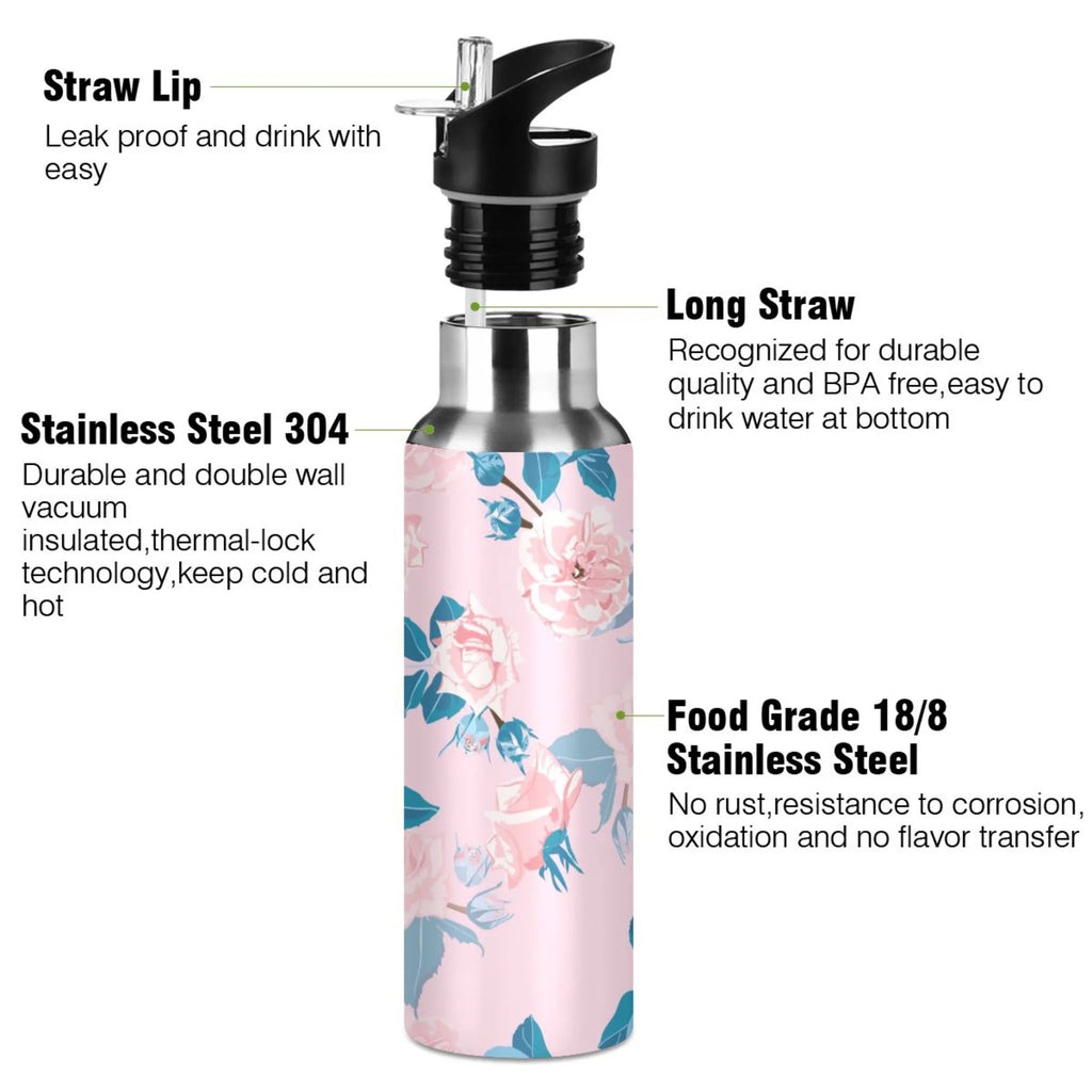Pink Roses Flower Blue Stainless Steel Insulated Water Bottle with Straw Lid W3490