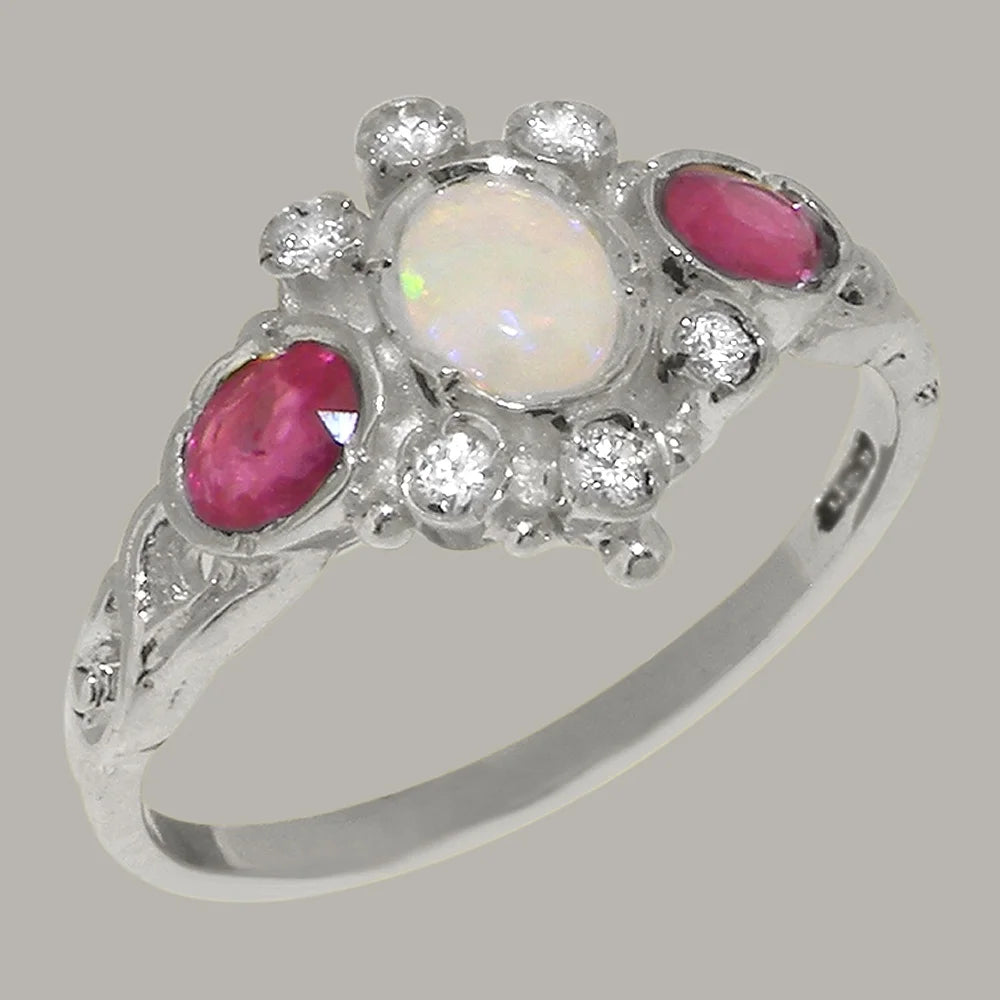 9k White Gold Natural Opal Ruby Diamond Womens Ring T63639