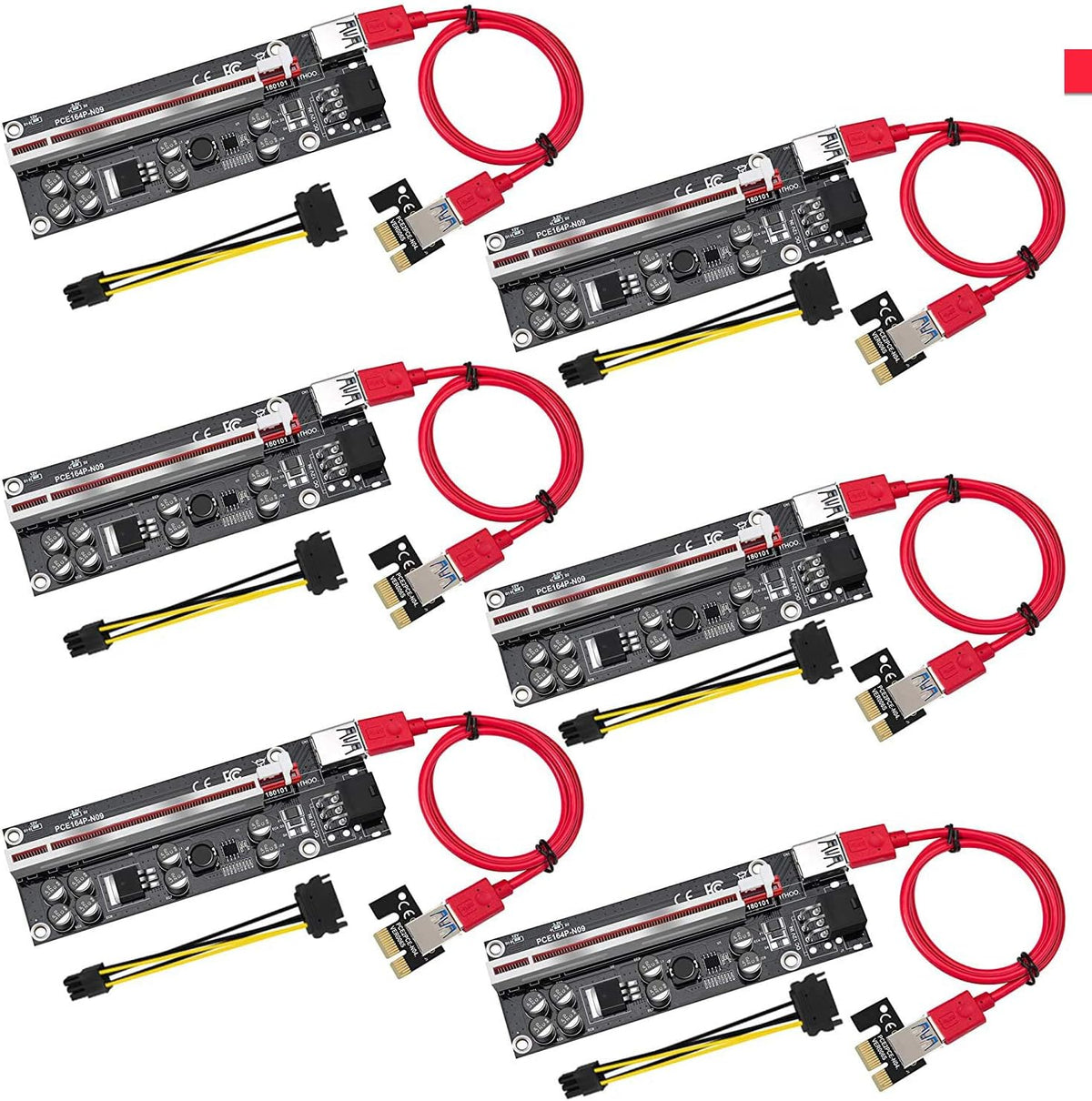 PCIE Riser 1X to 16X Graphics Extension Adapter Card, 8 Capacitors, 60cm USB 3.0 Cable, 6PIN Power Option, 6-Pack D4725