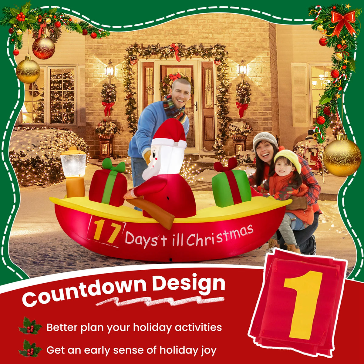 7 FT Christmas Inflatable Santa Claus Rowing Boat with Navigation Light E28618