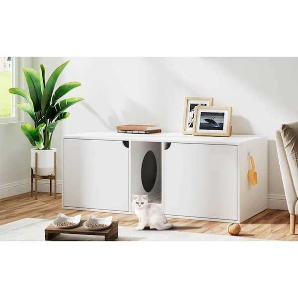 White Wood Side End Table Cat Litter Box with Double Room U906877
