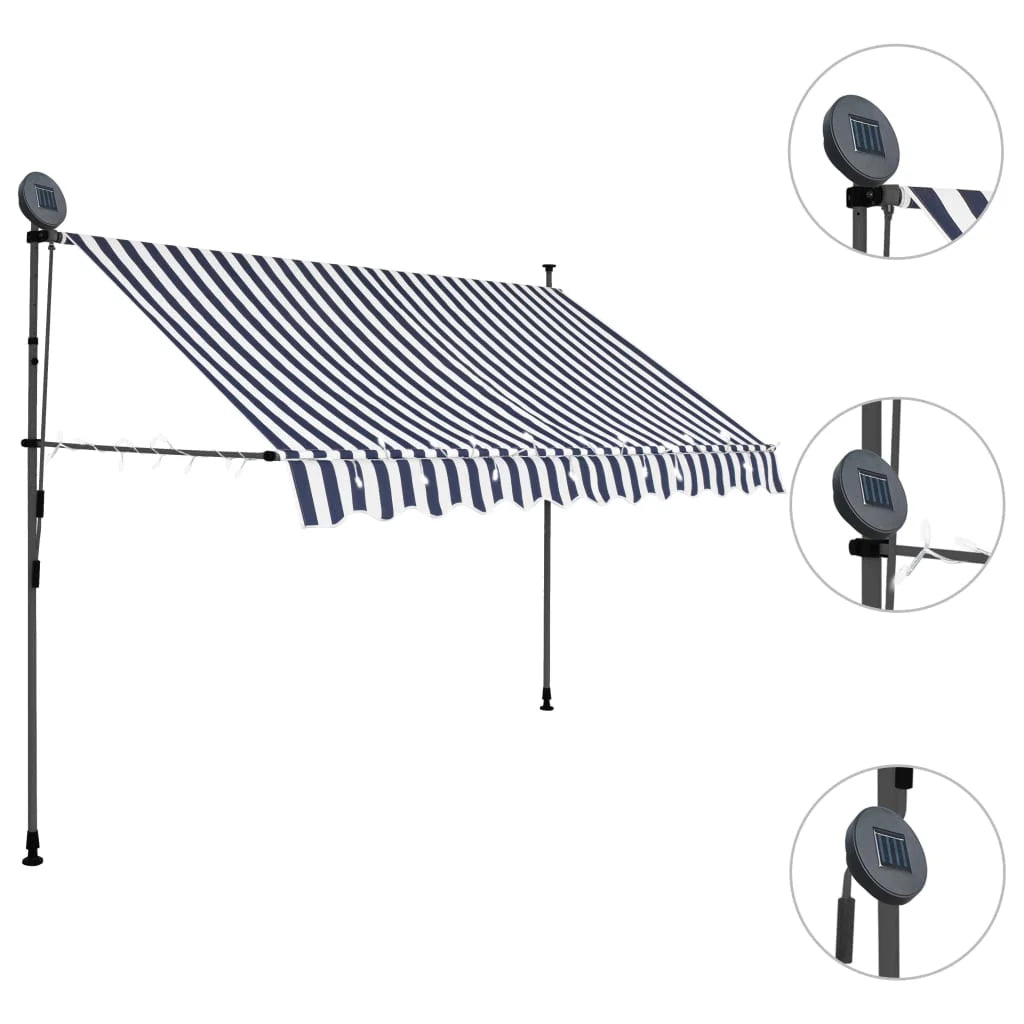 Manual Retractable Awning with LED Outdoor Door Canopy Sunshade Shelter Blue White 118.1 Inch B361711