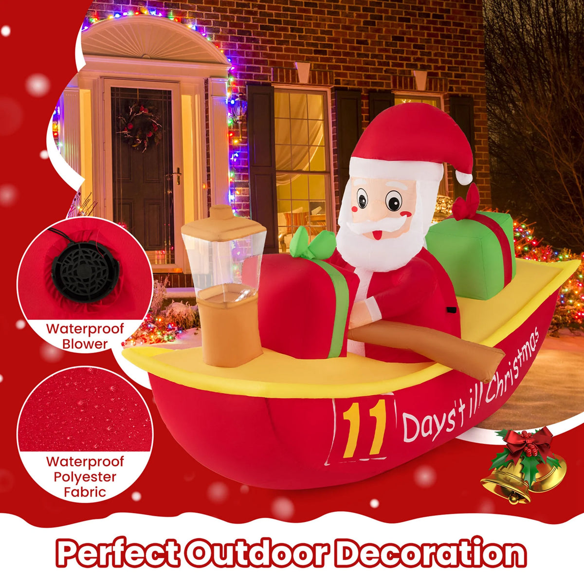 7 FT Christmas Inflatable Santa Claus Rowing Boat with Navigation Light E28618