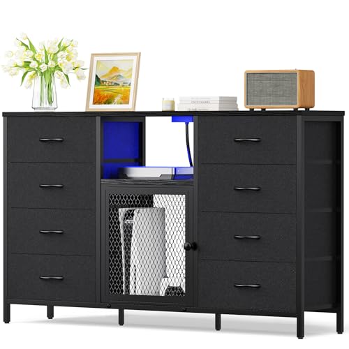 Black 8 Drawer Dresser with LED Lights and Power Outlets E5753