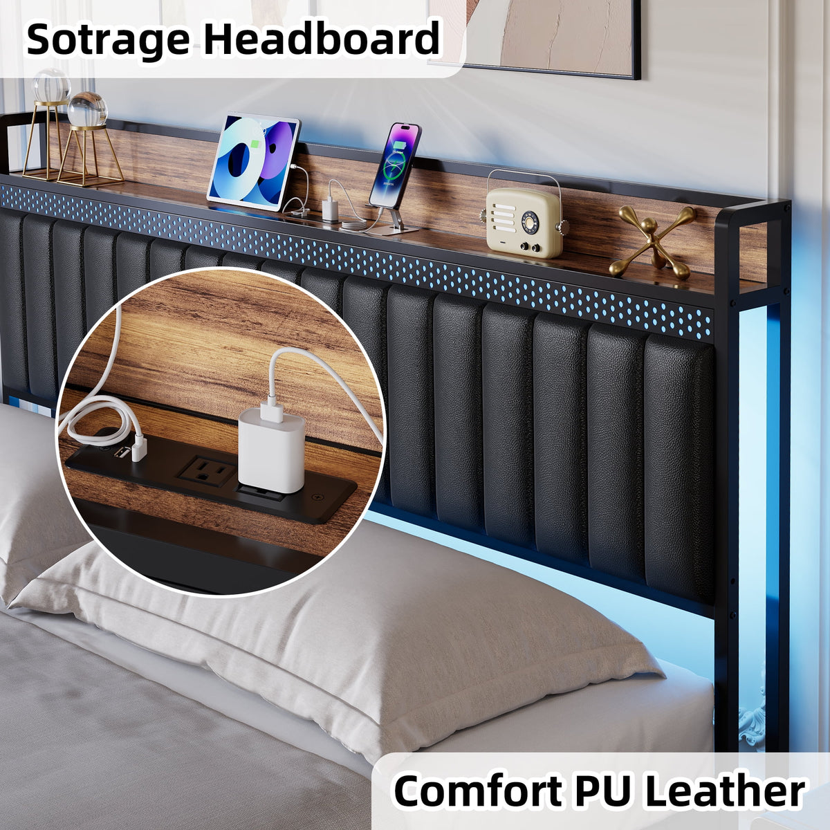 Black Upholstered Platform Bed Frame with Storage Headboard Q10629