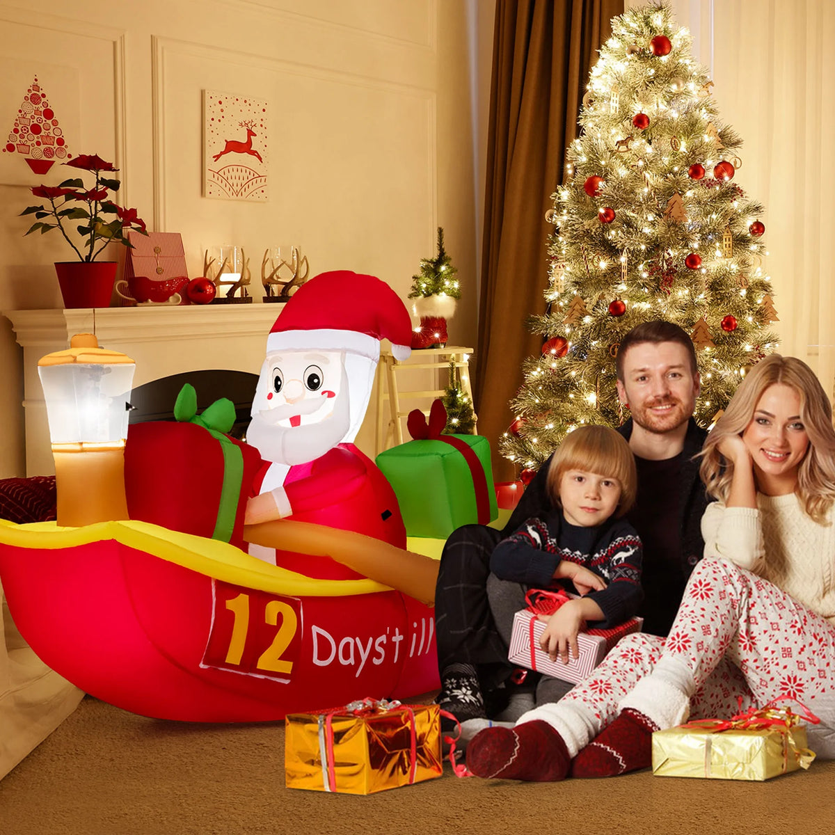7 FT Christmas Inflatable Santa Claus Rowing Boat with Navigation Light E28618