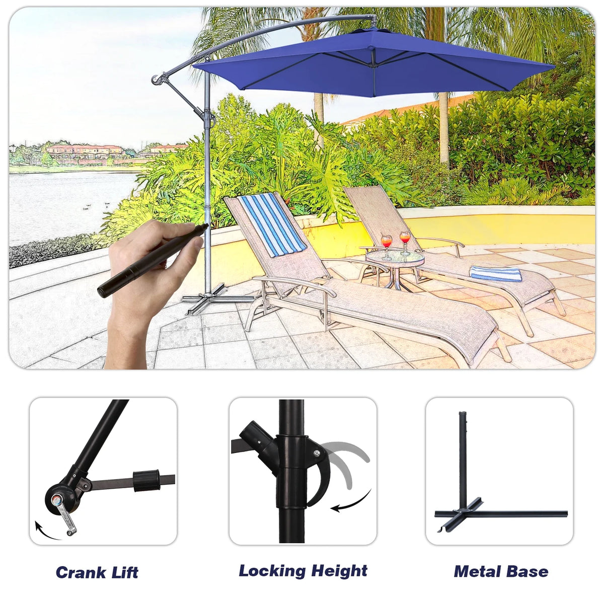 Dark Blue Patio Cantilever Umbrella with Crank & Cross Base V263146