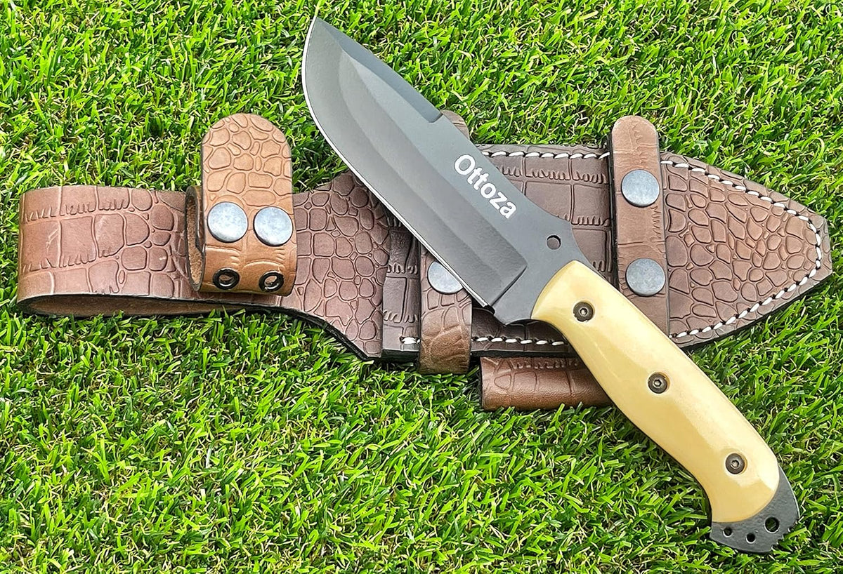 1095 Carbon Steel Bushcraft Knife with Bone Handle and Sheath O9829