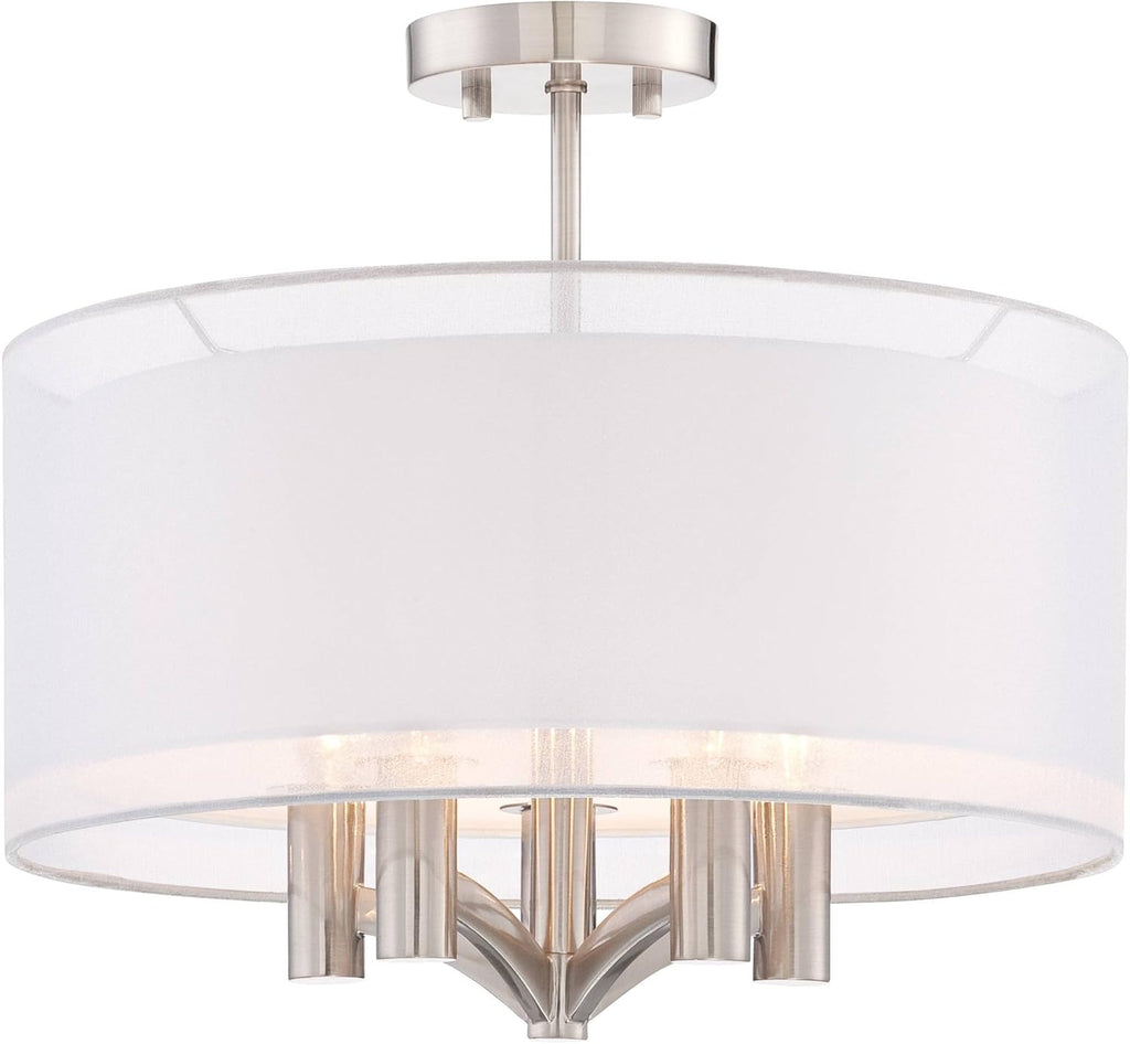 Semi Flush Mount Ceiling Light Brushed Nickel 18 Wide 5-Light White Linen Double Drum Shade G798