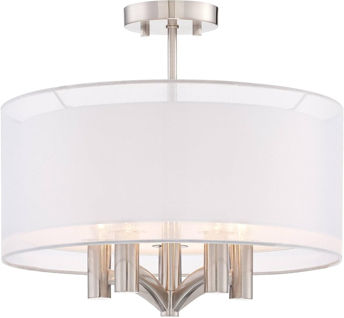 Semi Flush Mount Ceiling Light Brushed Nickel 18 Wide 5-Light White Linen Double Drum Shade G798