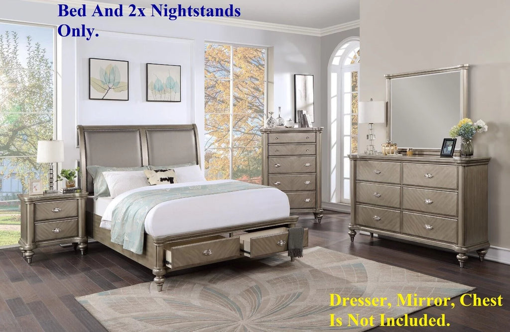 King Size Bed and 2 Nightstands Grey Wooden Veneer 3pc Set G143122