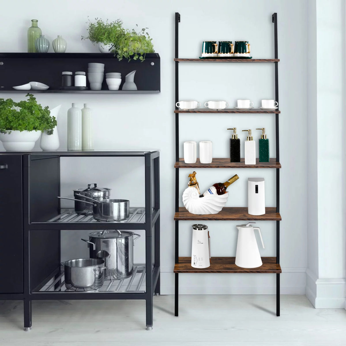 5 Tier Wall Mounted Ladder Shelf with Metal Frame and Wood Shelf Y195721