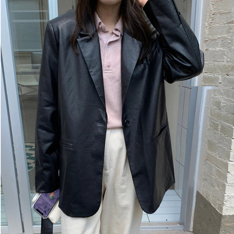 Recycled Vegan Leather One Button Blazer Jacket Z8103