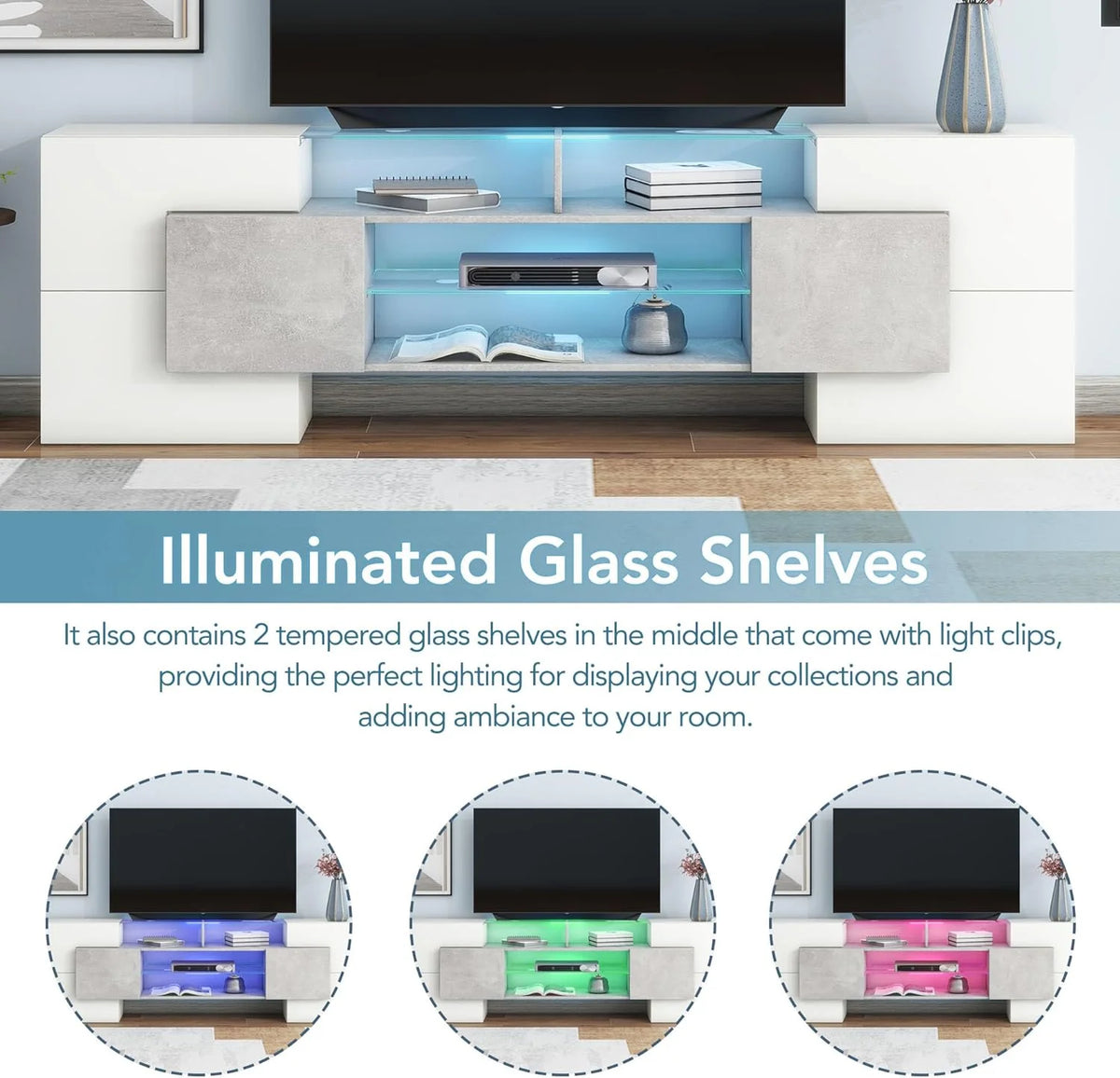 White Grey 78.7 Inch LED TV Stand with 2 Glass Shelves N56878