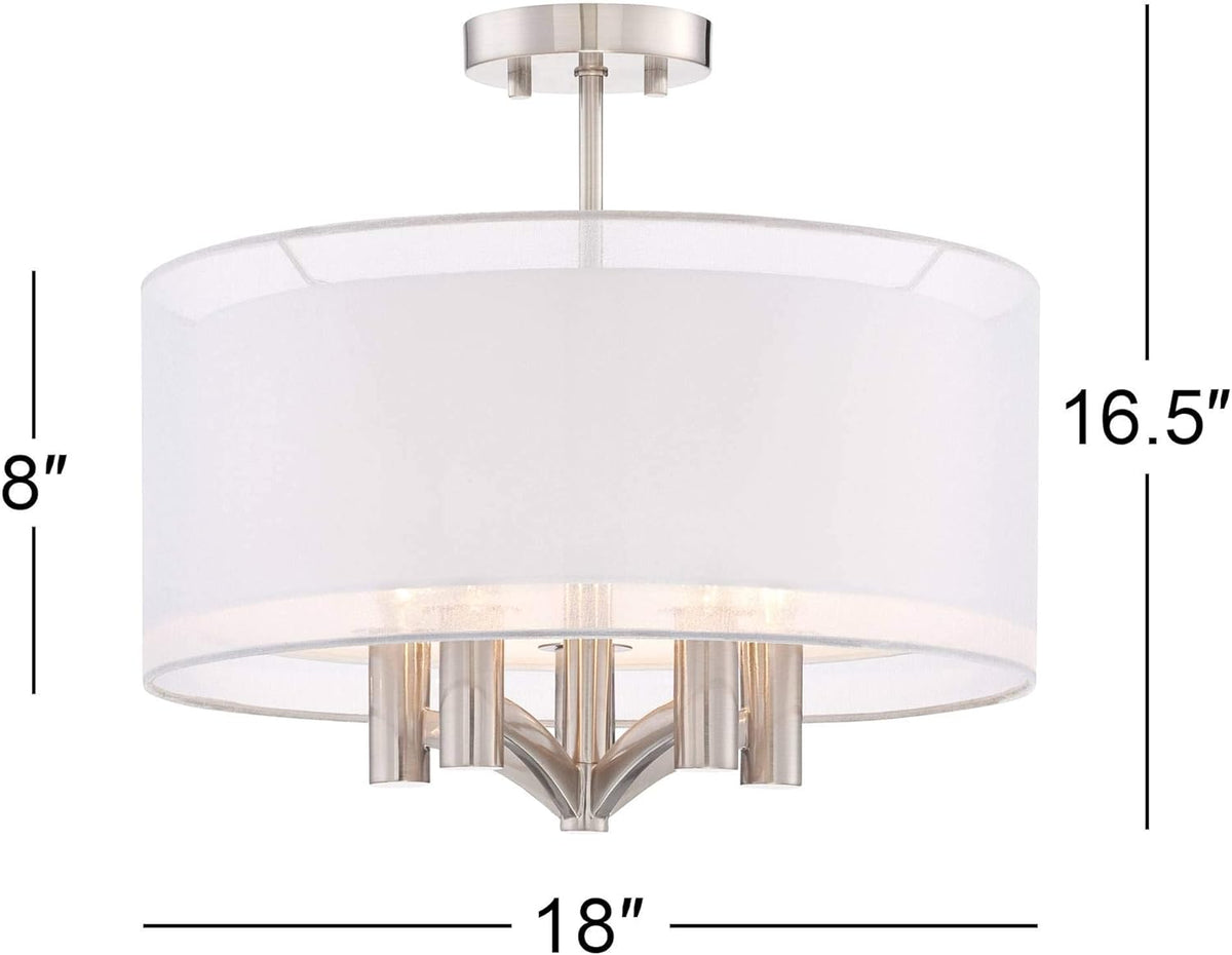 Semi Flush Mount Ceiling Light Brushed Nickel 18 Wide 5-Light White Linen Double Drum Shade G798