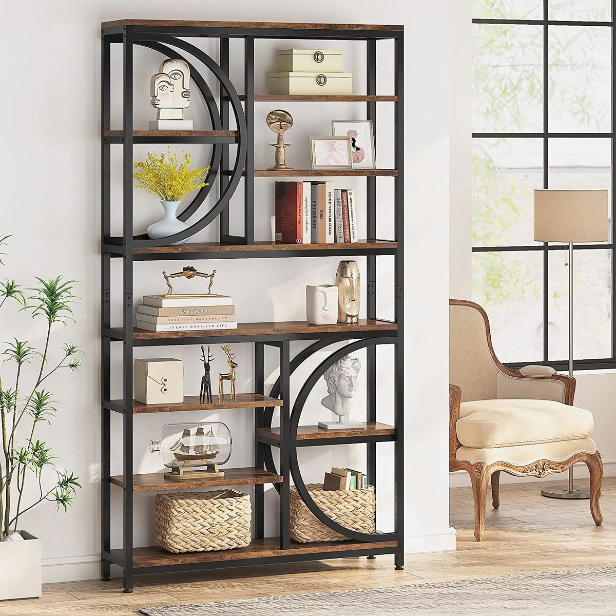 Industrial 8-Tier Wood Look Bookshelf with Metal Frame D75228
