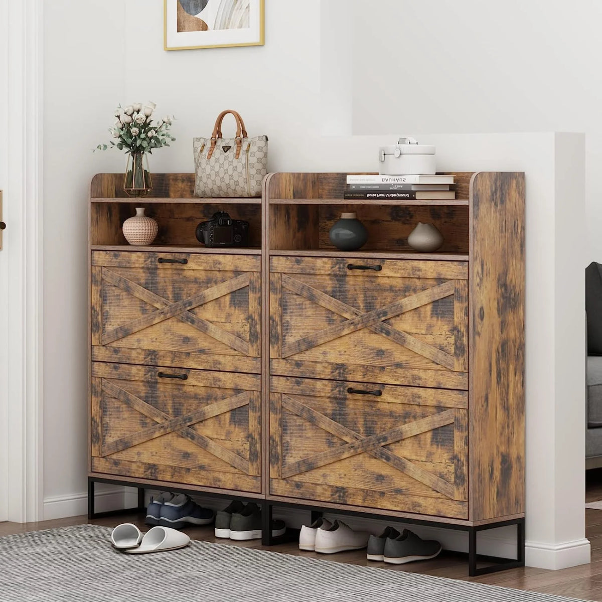 Shoe Cabinet with 2 Flip Drawers Narrow Shoe Organizer Cabinet C97548