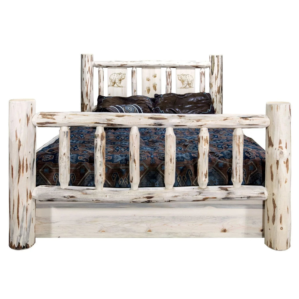 Wood Twin Storage Bed with Laser Engraved Pine in Natural J46731