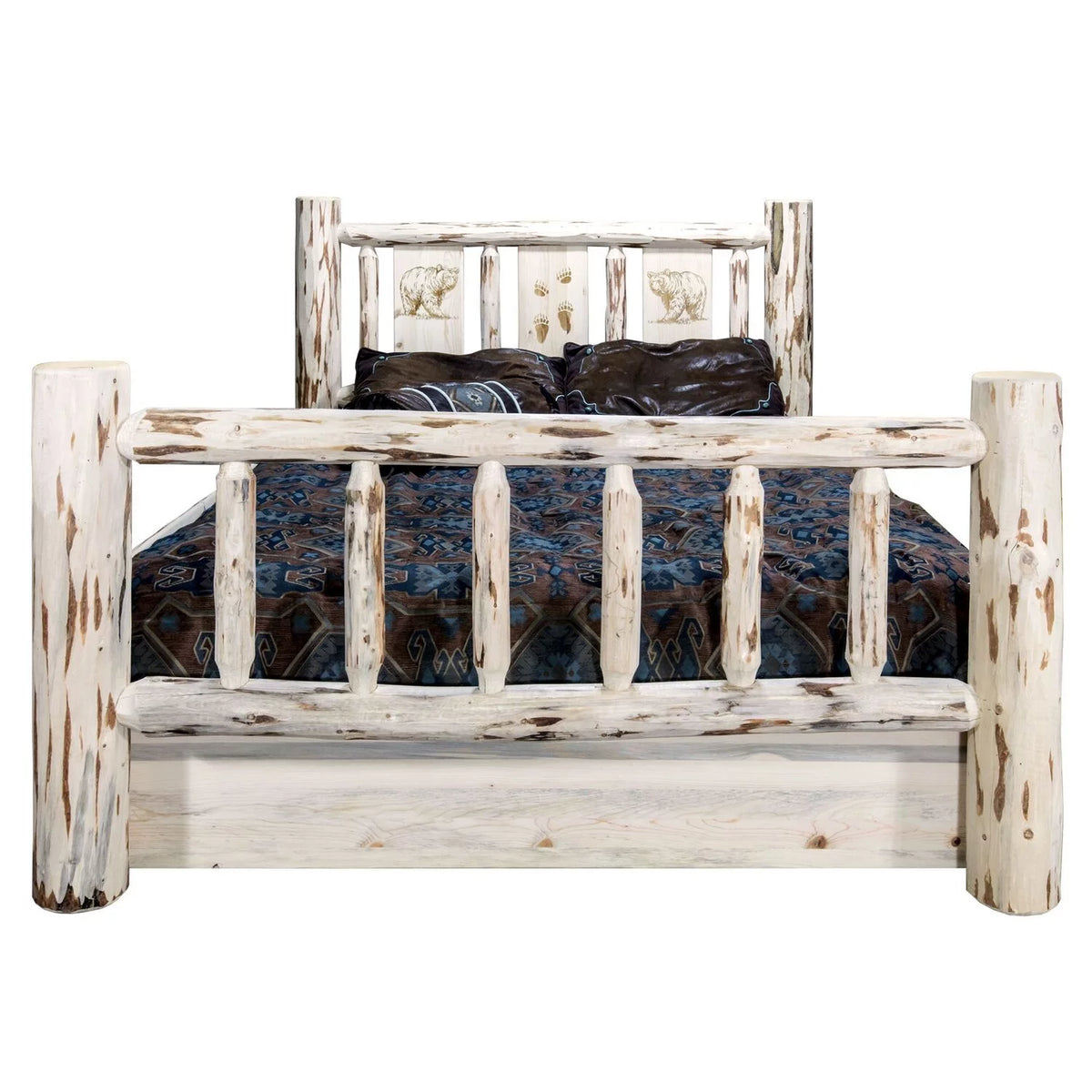 Wood Twin Storage Bed with Laser Engraved Pine in Natural J46731
