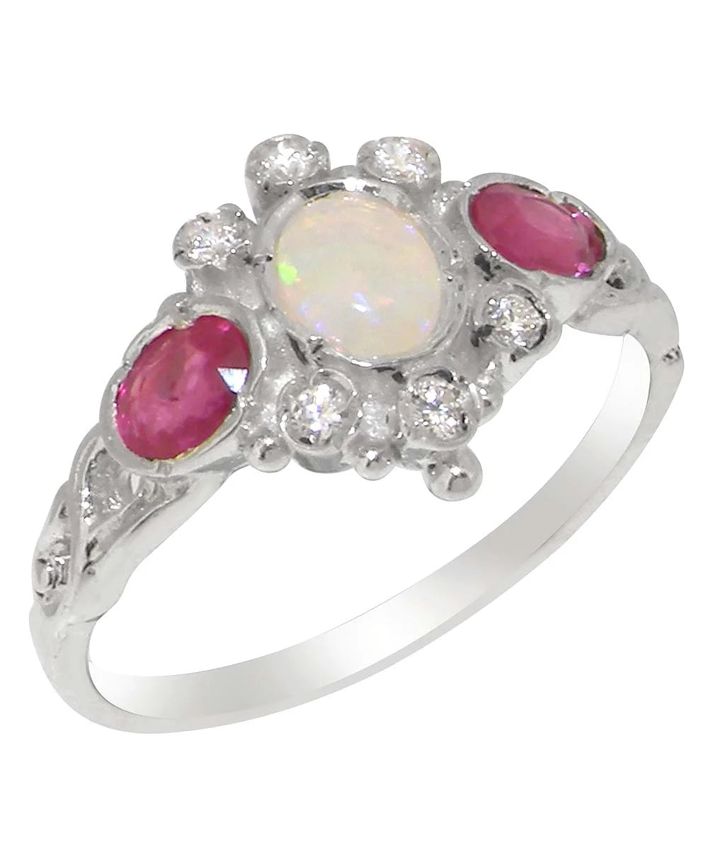 9k White Gold Natural Opal Ruby Diamond Womens Ring T63639