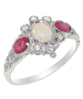 9k White Gold Natural Opal Ruby Diamond Womens Ring T63639