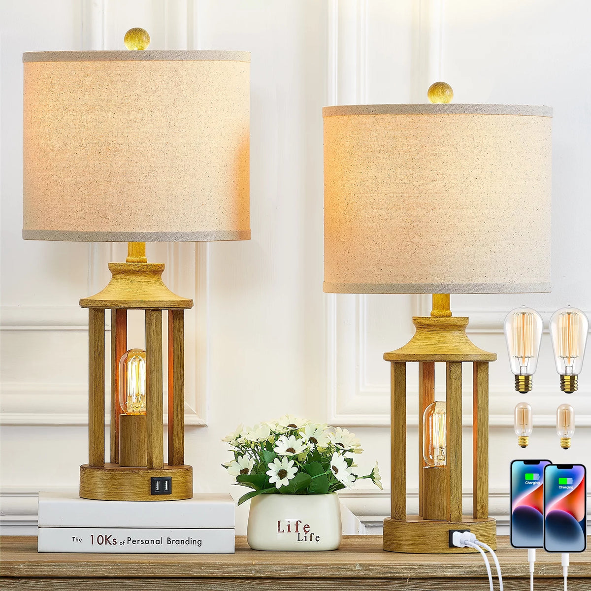 3 Way Dimmable Touch Control Table Lamps Set of 2 with USB Ports N103012